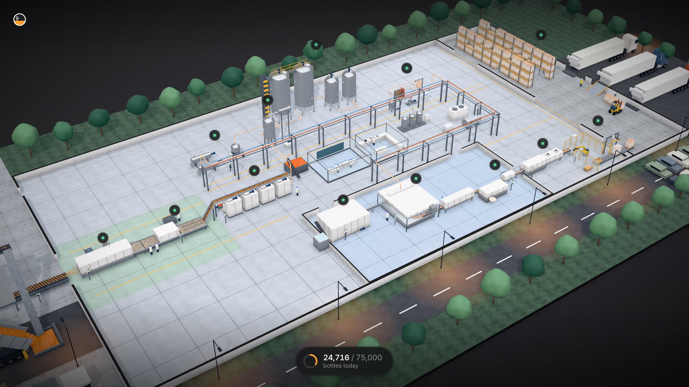 The whole juice line from above at the start of the app: the fruit yard, the machines under green status dots, the tank farm, the warehouse and the trucks at the docks, with the bottle count against the day's plan at the bottom.