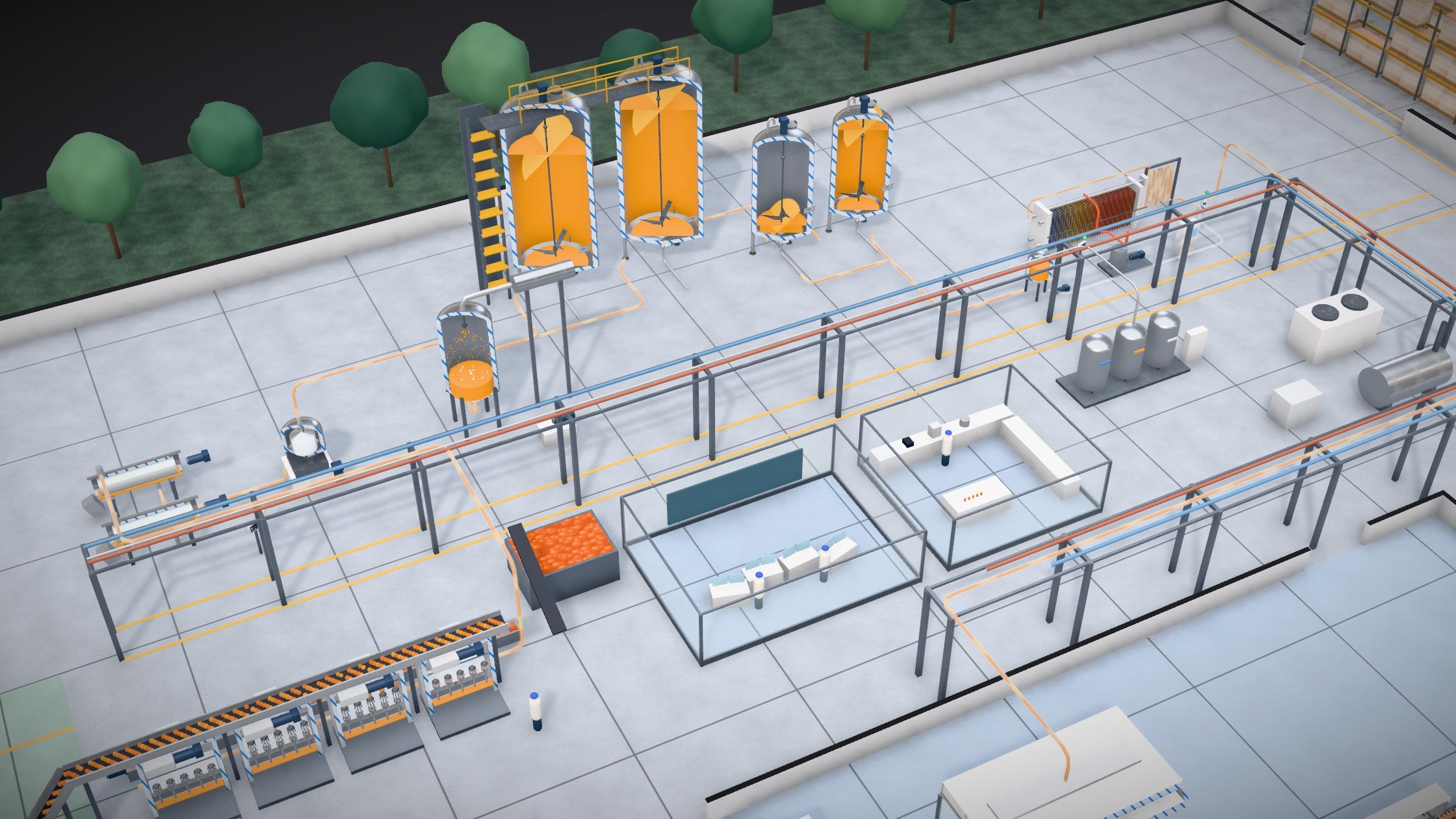 An orange juice factory in 3D, seen from above at an angle, with every machine cut open: the storage tanks show orange juice behind hatched blue walls, the extractors and the pasteurizer are sliced through, and the pipe rack runs between them across a pale tiled hall, with trees beyond the wall.