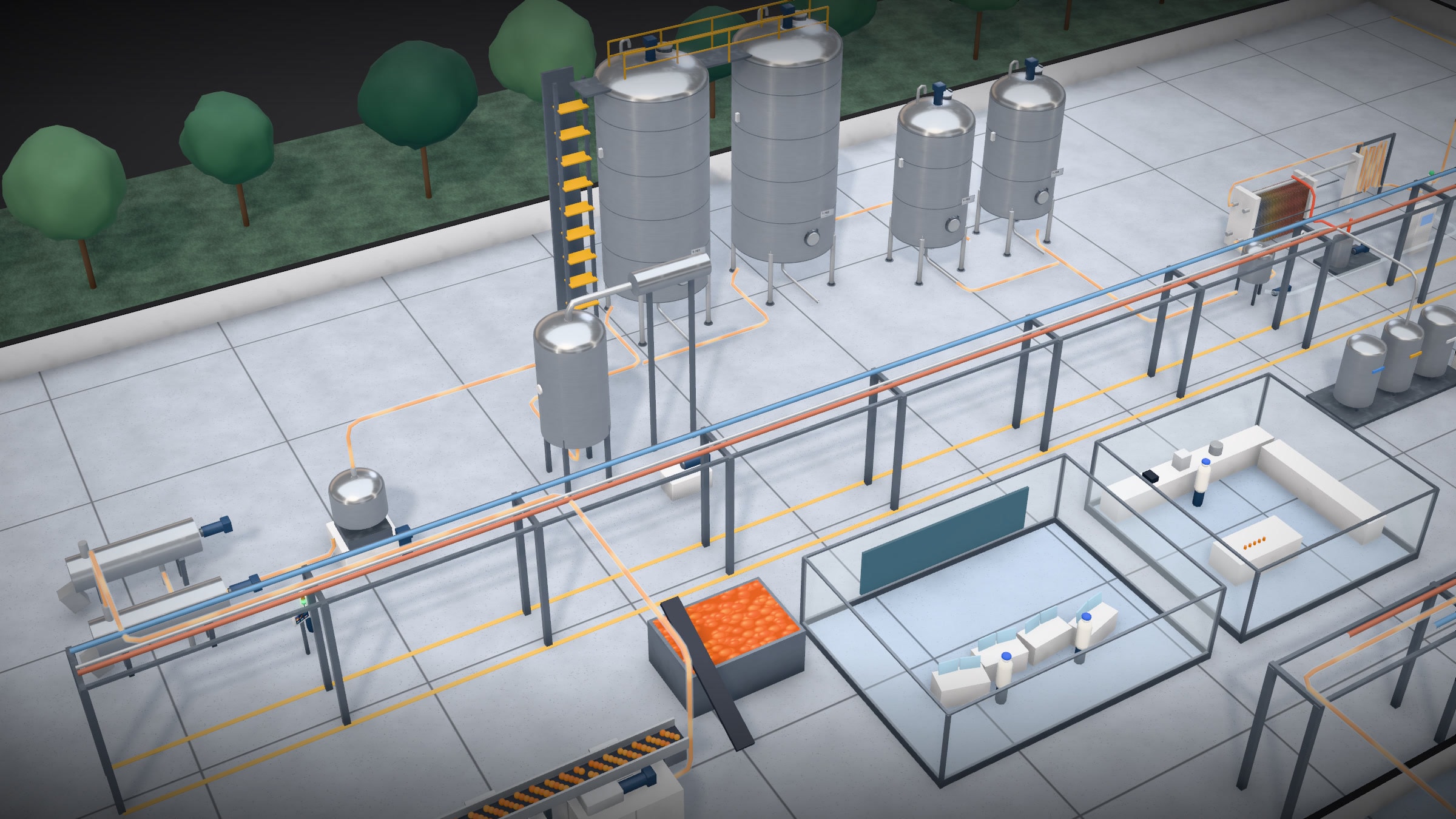 The middle of the juice line from above: steel storage and blend tanks, the extractors and the finisher, glass-walled filling rooms and the pipe rack, every casing closed.