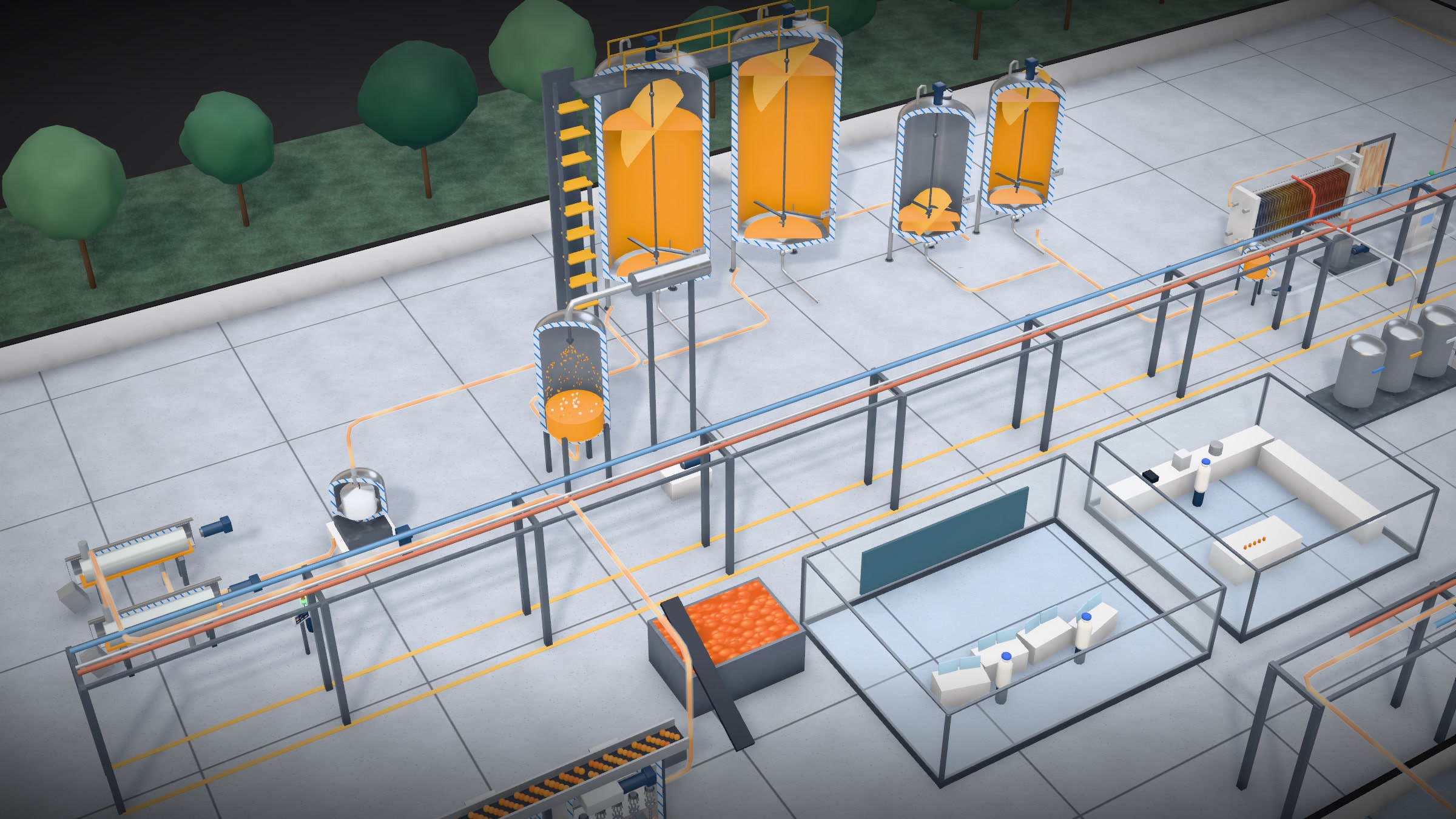 The same view with every machine sectioned: the tanks are cut in half to show the juice inside, the extractors and the finisher are opened along their length, and every cut wall is filled with a blue hatch.