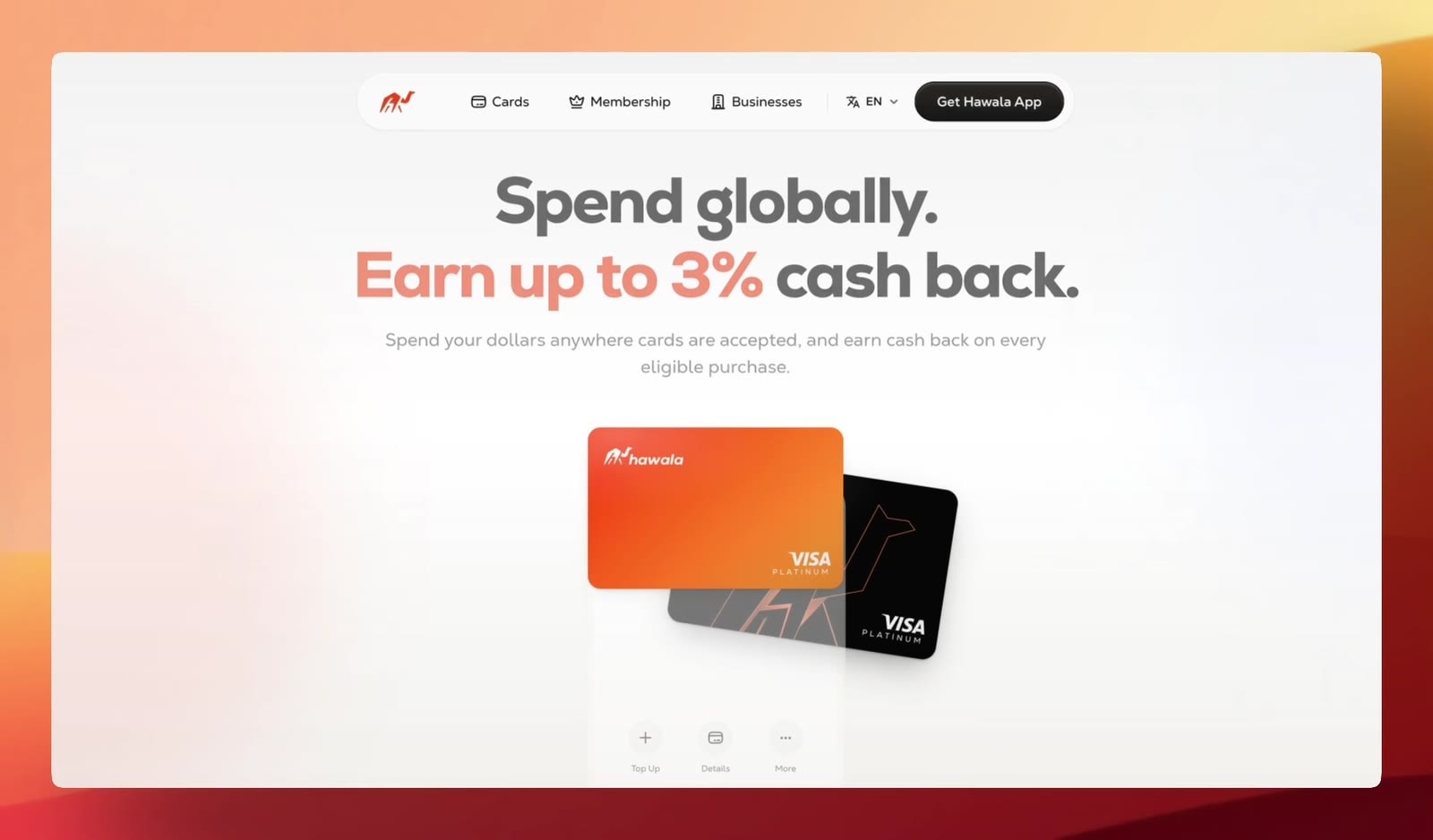 A scroll through the Hawala card page. It opens on Spend globally, earn up to 3% cash back, with two cards fanned over a phone. The card then settles into a handset for the virtual card section, services that decline local payments orbit it on a dotted arc, and the page closes on a bento grid covering freezing, spending limits, tap to pay and cash back.