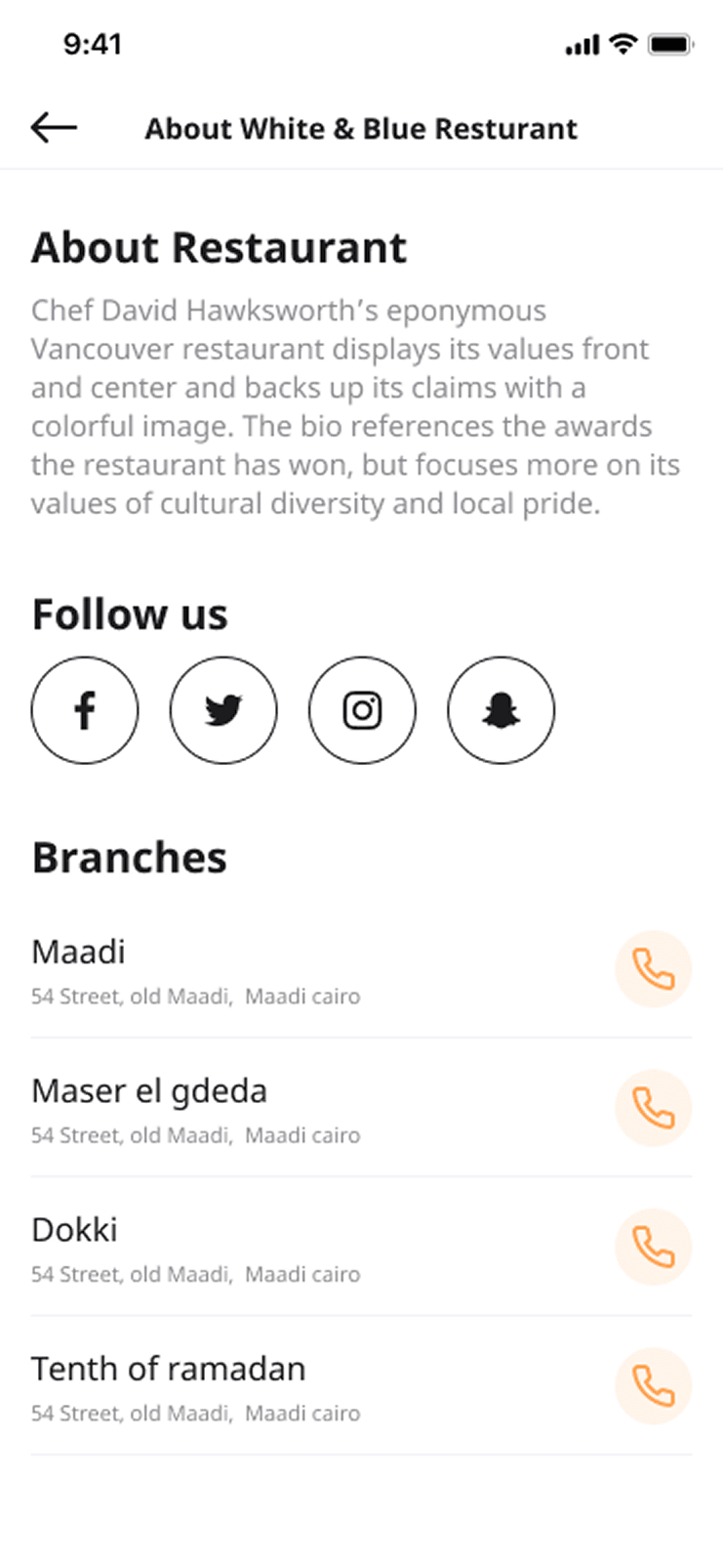 An about page for the restaurant, with its description, social media links, and a list of branches each with a call button.