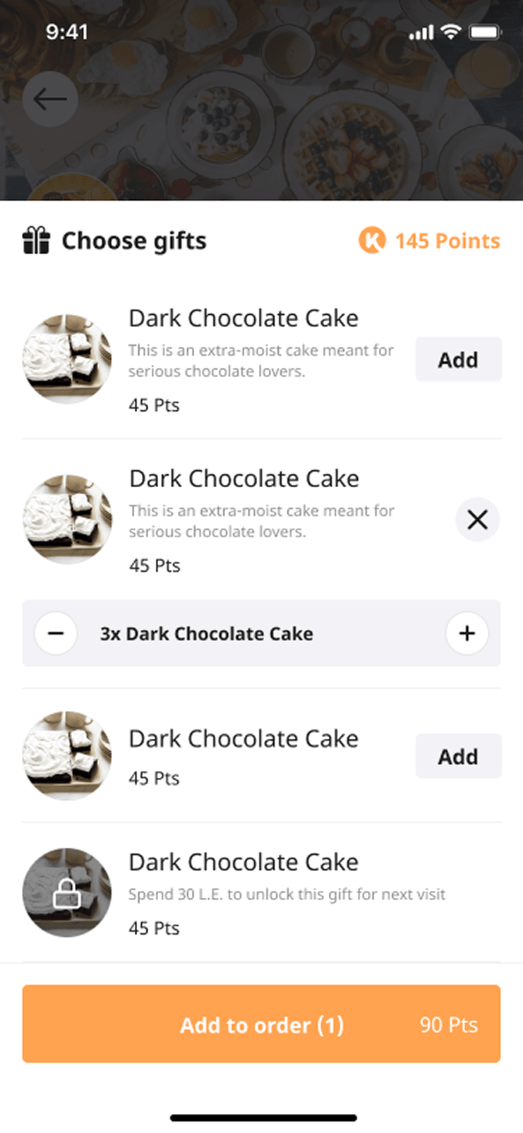 A choose gifts sheet listing rewards at 45 points each with Add buttons, one of them already added three times, and a locked gift that unlocks after spending 30 pounds.