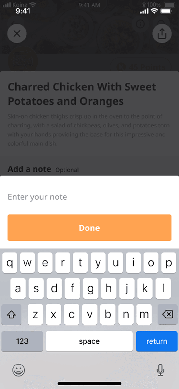 A note sheet over the item, with a field reading Enter your note, a Done button, and the keyboard raised.