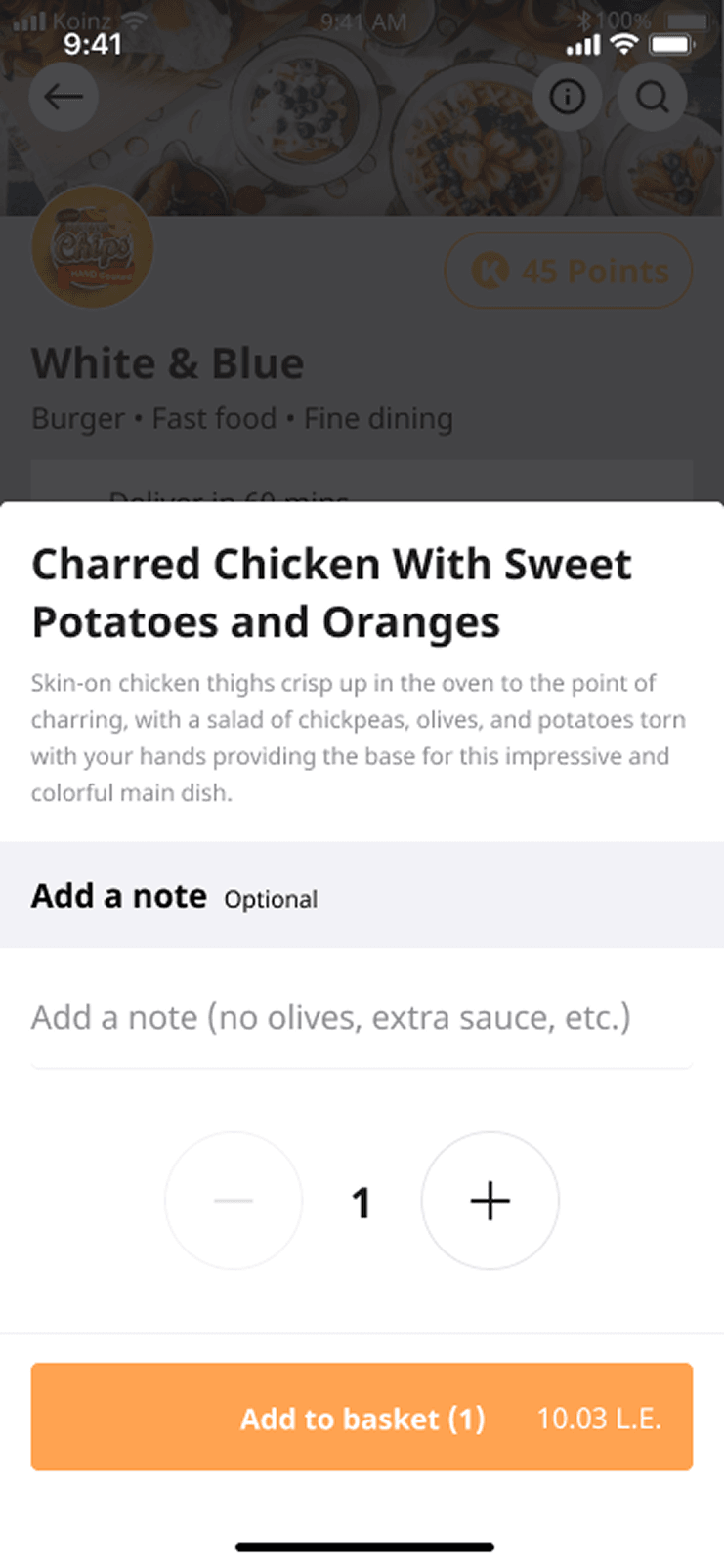 An item sheet opening over the restaurant page, with the dish name and description, an optional note field, a quantity stepper, and an active add to basket button carrying the price.