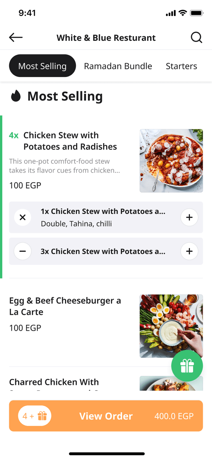 The redesigned menu scrolled to Most Selling, with category chips pinned above, a dish showing four in the basket with its chosen options, and a View Order bar carrying the running total.