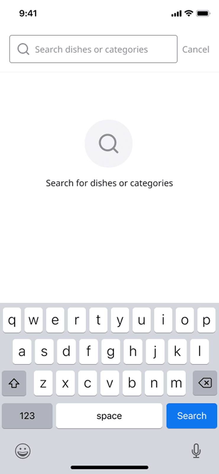 Menu search opened inside the restaurant, prompting the customer to search dishes or categories, with the keyboard raised.