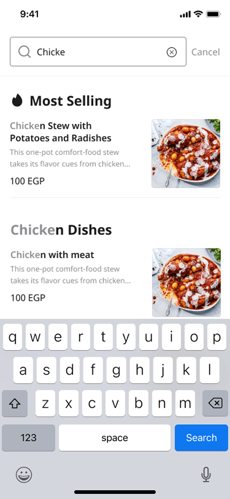 Menu search part-way through the query Chicke, with results grouped under Most Selling and Chicken Dishes and the matched characters highlighted in each name.