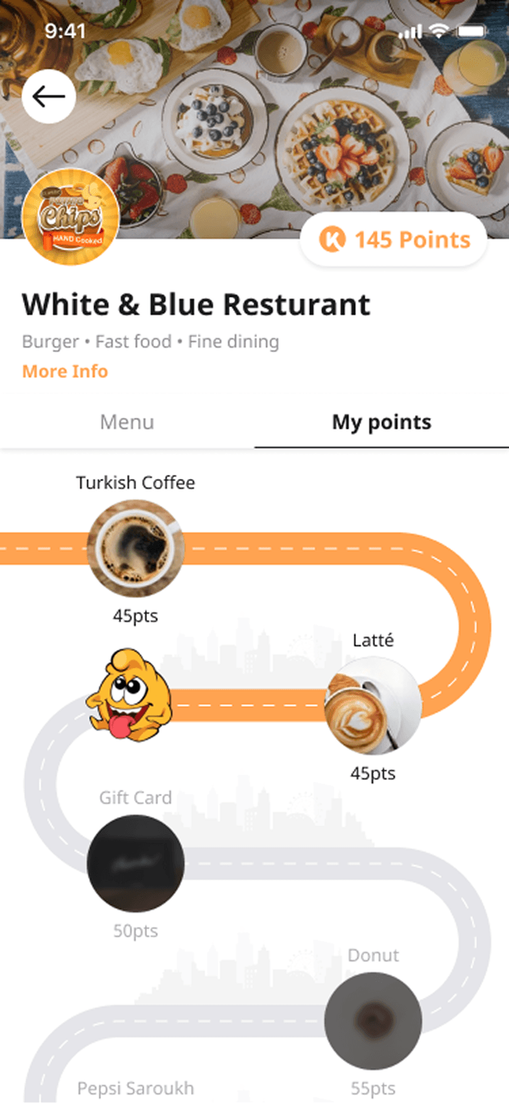 The My points tab of the redesigned restaurant page, showing the rewards road with Turkish Coffee and Latte unlocked at 45 points each and later gifts still locked.