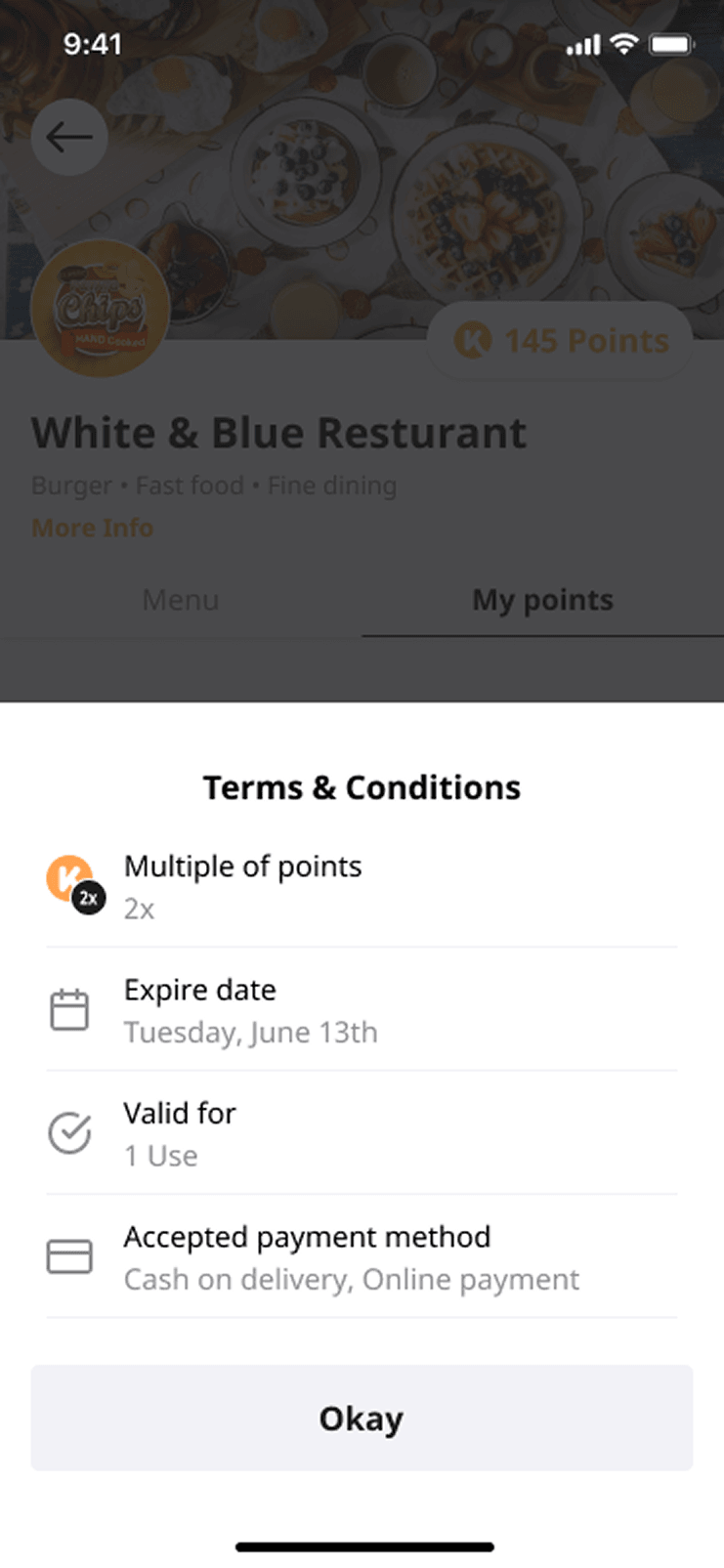 A terms and conditions sheet for points, listing a two times points multiplier, expiry date, number of uses, and the accepted payment methods.