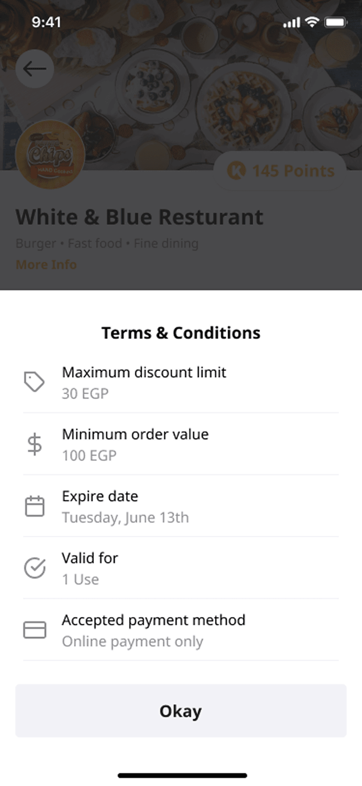 A terms and conditions sheet for the promo code, listing the maximum discount, minimum order value, expiry date, number of uses, and that it requires online payment.