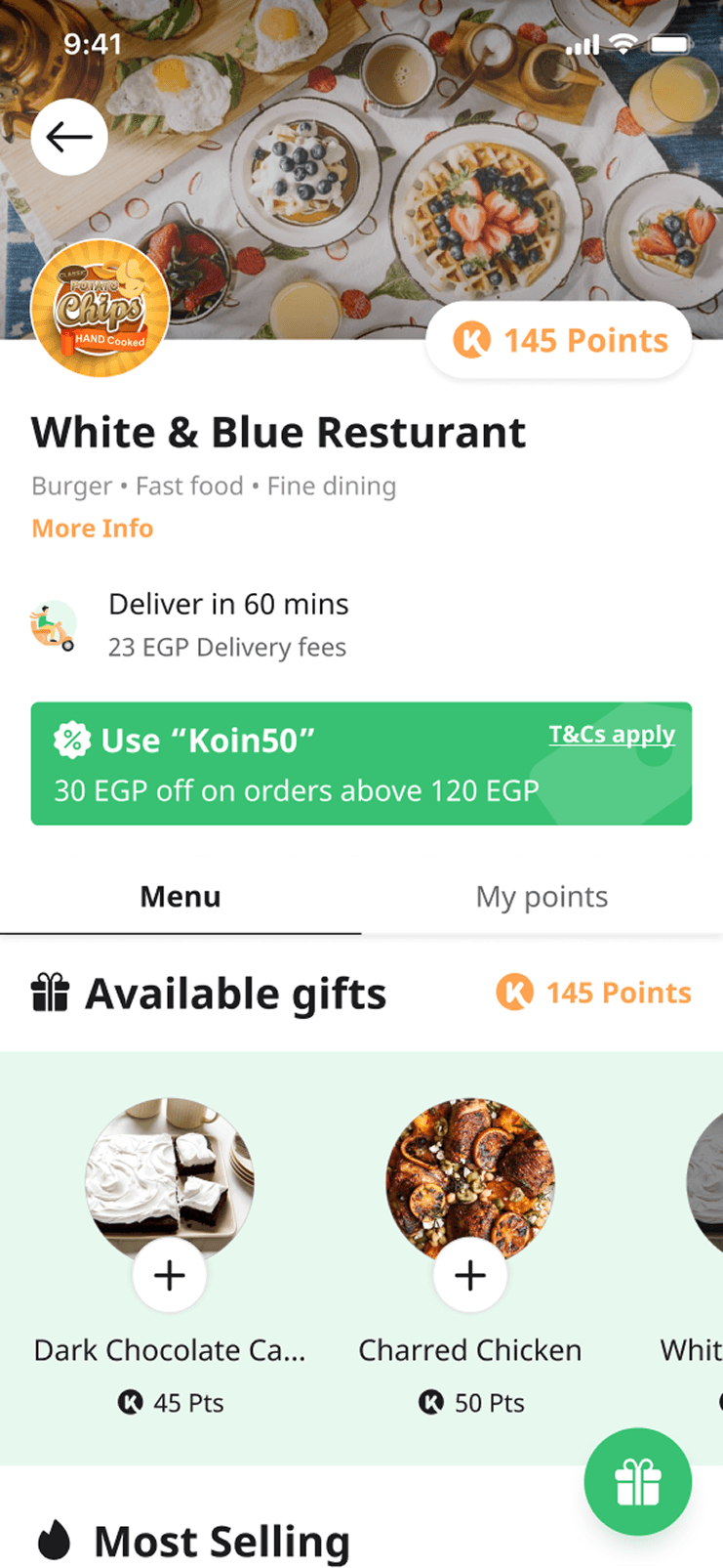 The redesigned restaurant page: cover photograph, brand logo, points balance, name and cuisines, delivery time and fees, a promo code banner, Menu and My points tabs, and a row of available gifts.