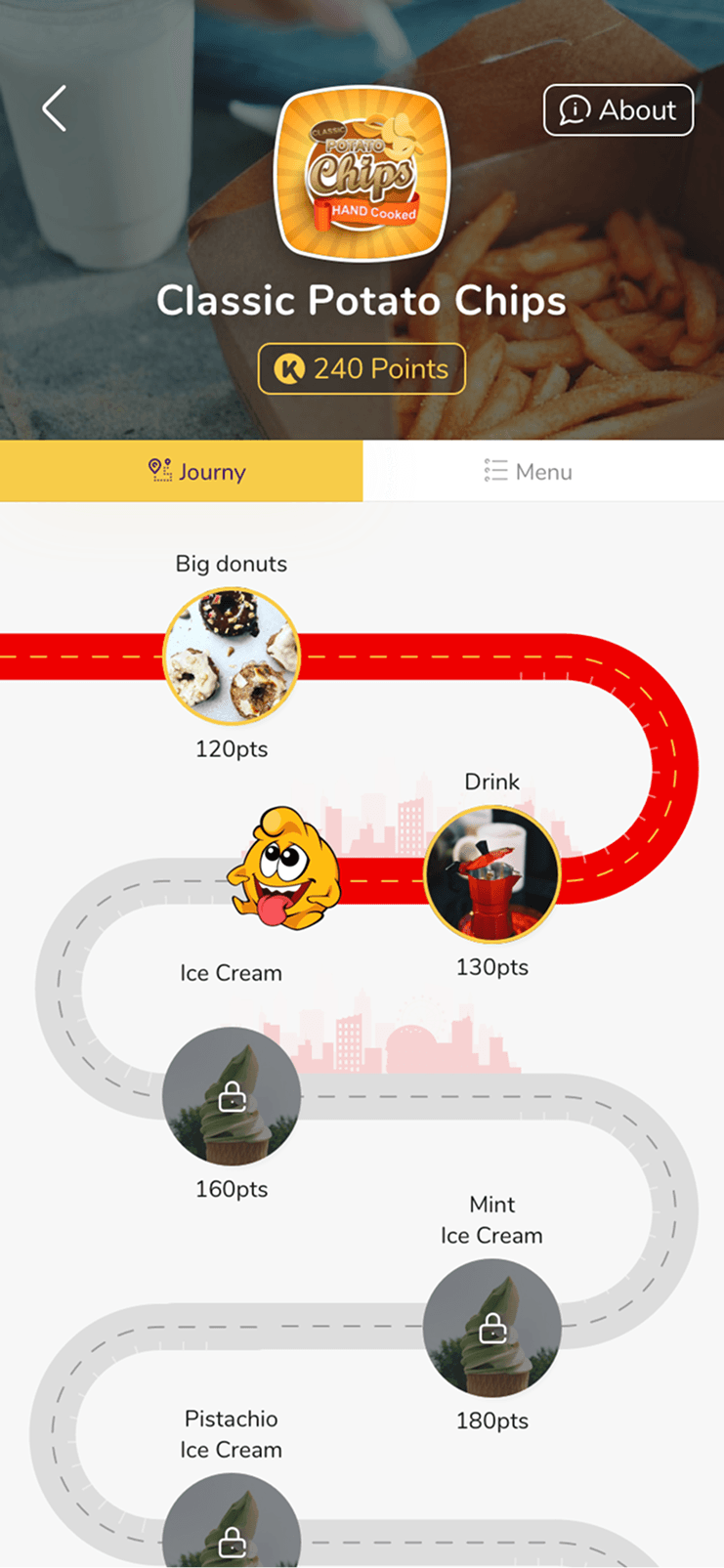 The 2021 restaurant page on its Journy tab, showing a winding road of gifts priced in points, most of them still locked.