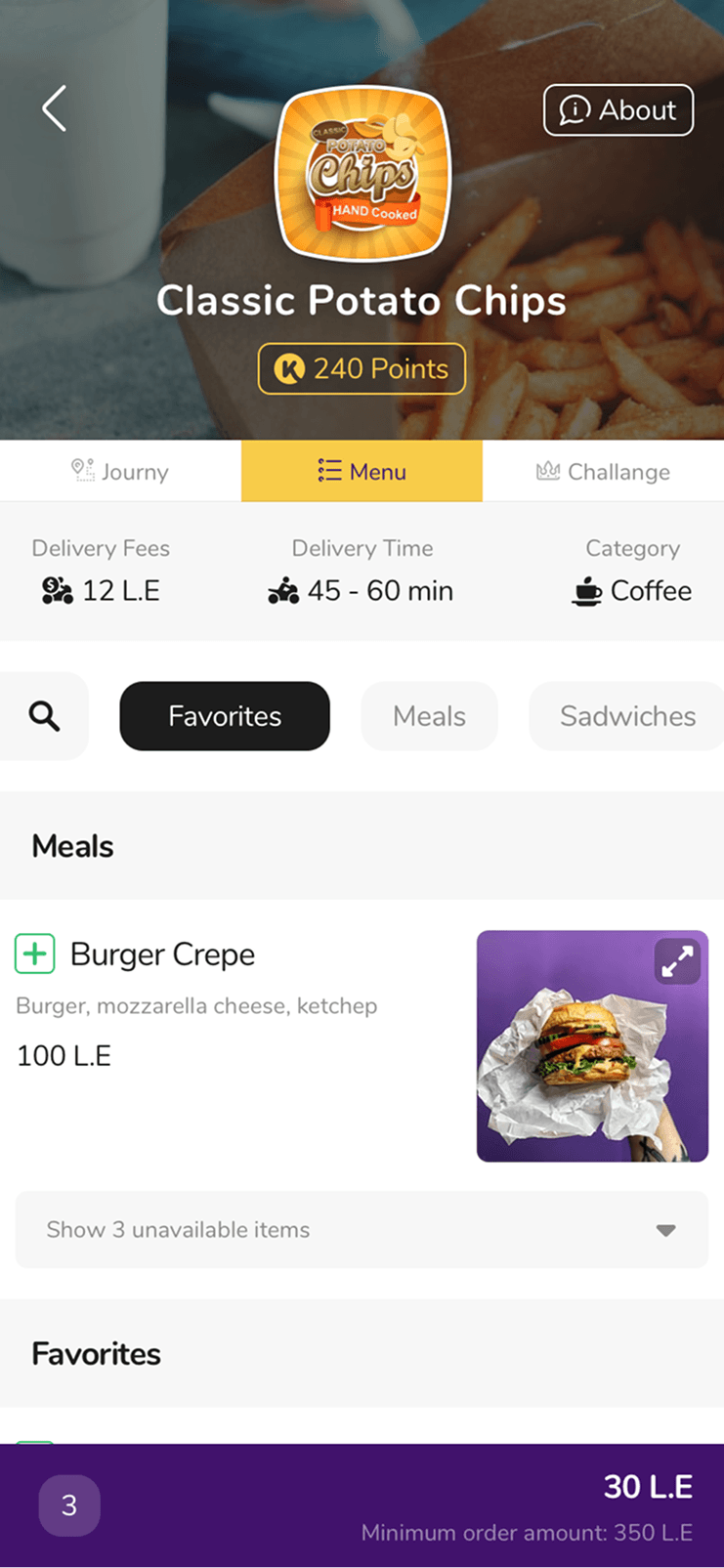 The 2021 restaurant page on its Menu tab, with Journy, Menu and Challange tabs above delivery fees, delivery time and category, then a search field, category chips and a list of meals.