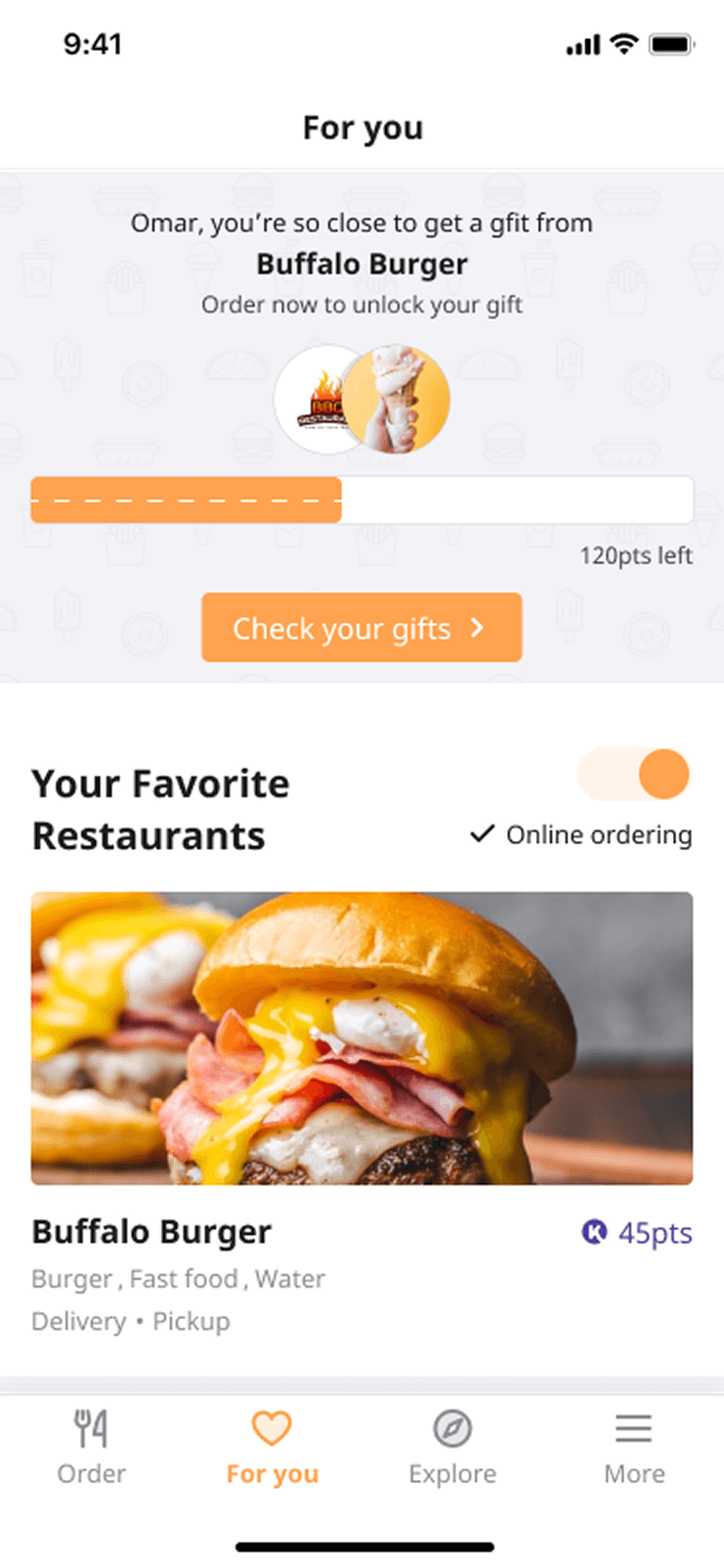 The 2021 For You page, showing progress towards a gift from Buffalo Burger with 120 points left and a button to check available gifts.