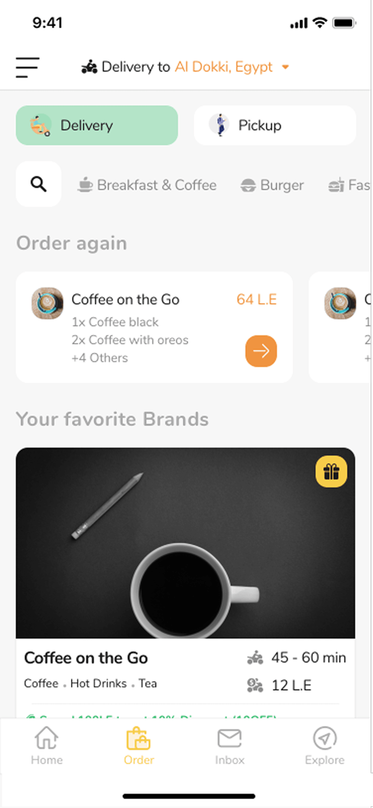 The 2021 Order page in delivery mode, with a delivery and pickup toggle, cuisine filters, an Order again row, and cards for favourite brands.
