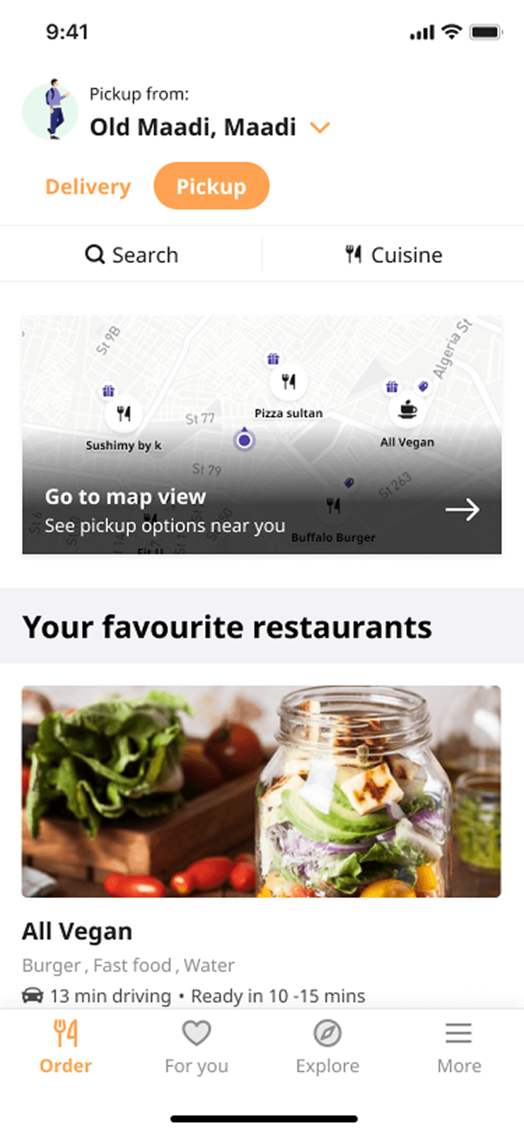The 2021 Order page switched to pickup, showing a map of nearby restaurants above a list of favourites with driving time and preparation time.