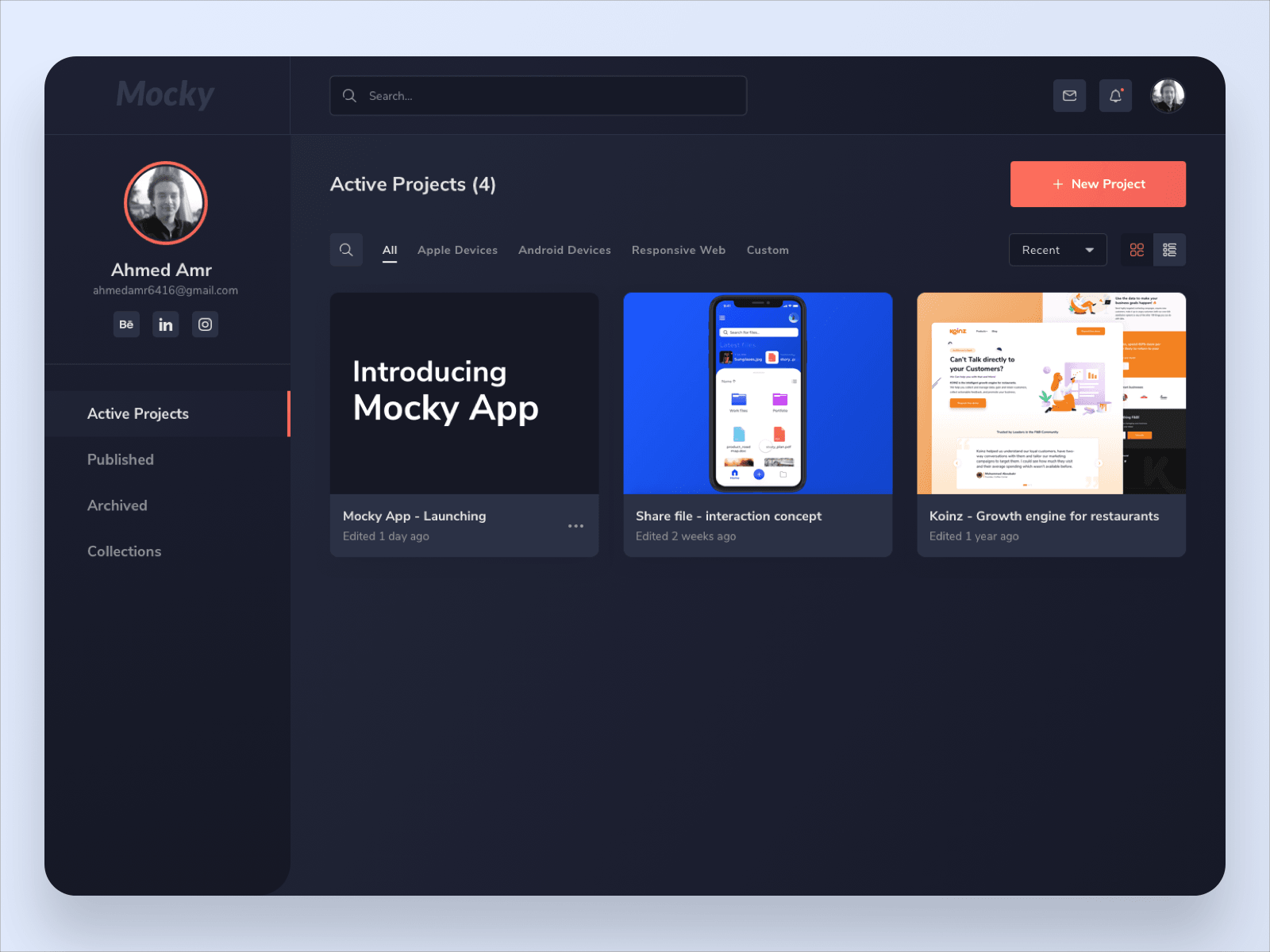 The Mocky projects dashboard, headed Active Projects (4), with three cards across it and a New Project button in coral. The sidebar carries the account, then Active Projects, Published, Archived and Collections.