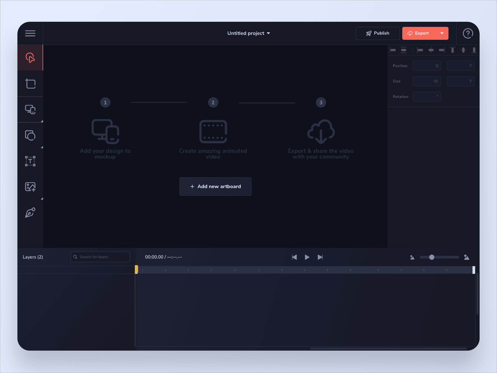 An untitled Mocky project before anything is in it. The canvas holds a numbered primer — add your design to a mockup, create an animated video, export and share it — over an Add new artboard button, with an empty timeline underneath and the layer tools down the left.