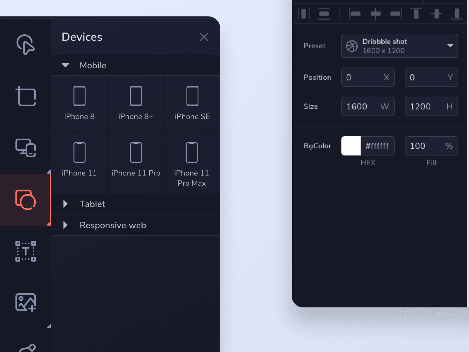 The devices panel open over the editor, listing iPhone 8, 8+, SE, 11, 11 Pro and 11 Pro Max under Mobile with Tablet and Responsive web folded below. The inspector on the right is set to a Dribbble shot preset at 1600 by 1200.