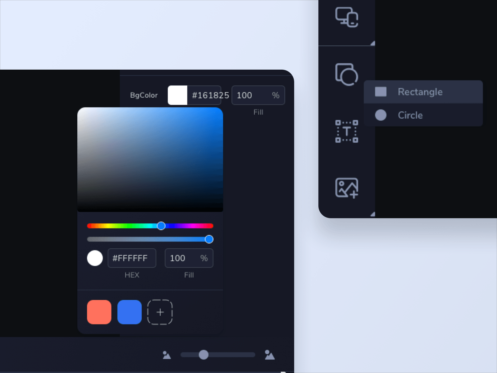 A close view of the artboard colour controls: a saturation field over hue and opacity sliders, hex fields reading #161825 for the background and #FFFFFF for the fill, and a row of saved swatches. A shape menu offering Rectangle and Circle is open against the toolbar at the right.