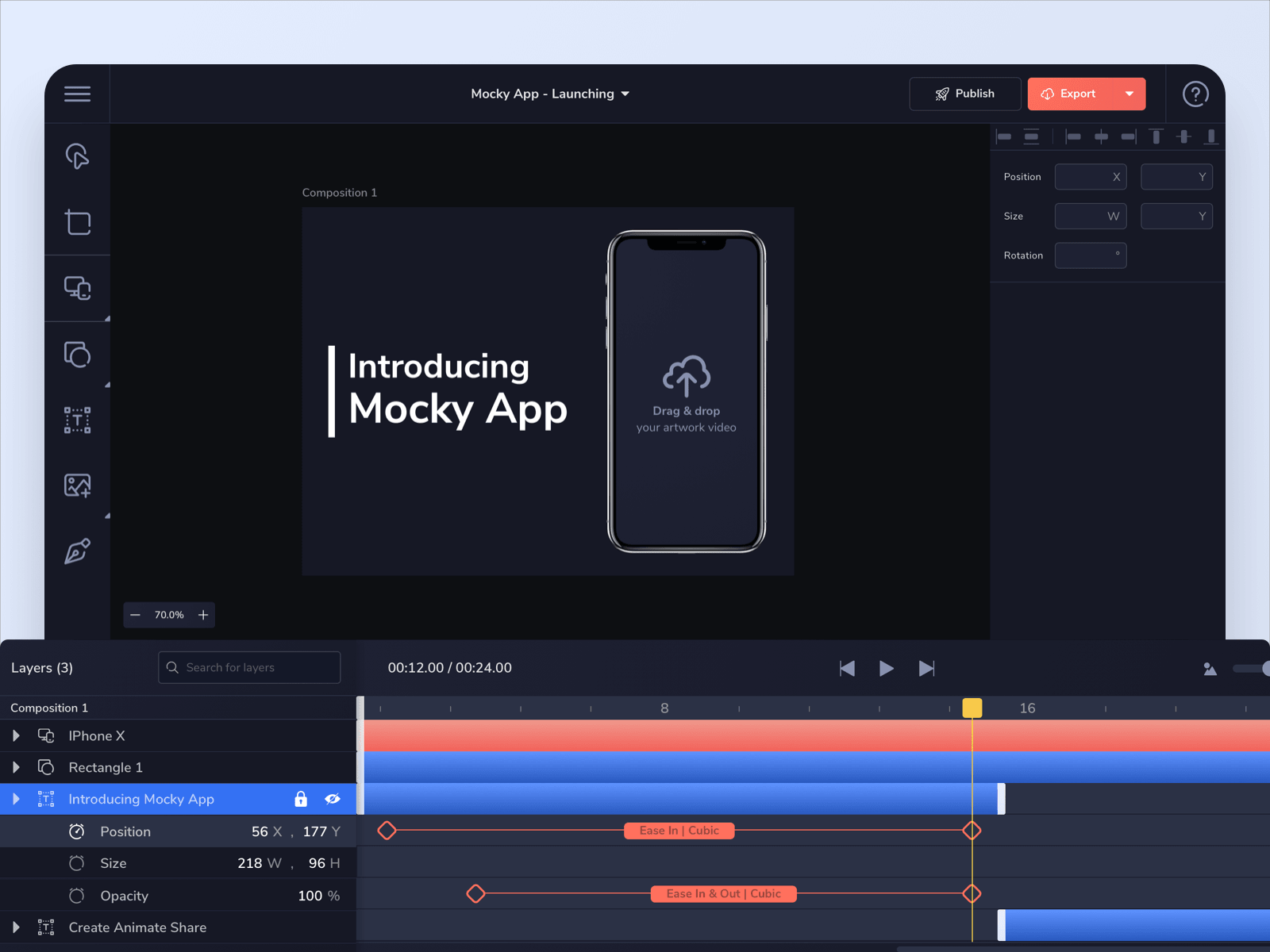 The finished Mocky App - Launching composition, an iPhone X mockup beside the Introducing Mocky App title. The timeline below lists the layers, with the title's position, size and opacity keyframed between diamonds labelled Ease In Cubic and Ease In & Out Cubic.