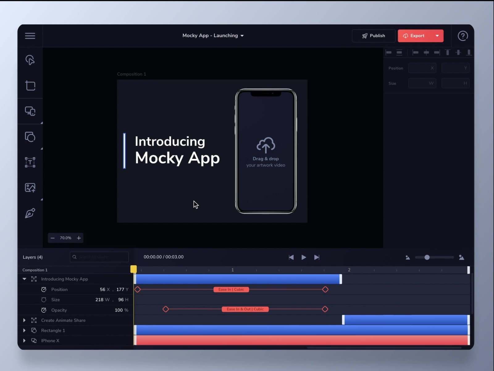 A walkthrough of Mocky, a desktop tool for dropping a design into a device mockup and animating it into a share-ready video. It opens on a dark projects dashboard, opens the Mocky App - Launching project into the editor, fits an iPhone X onto the canvas from the devices panel, sets the artboard colour from a picker, then keyframes the Introducing Mocky App title along the timeline with cubic easings.