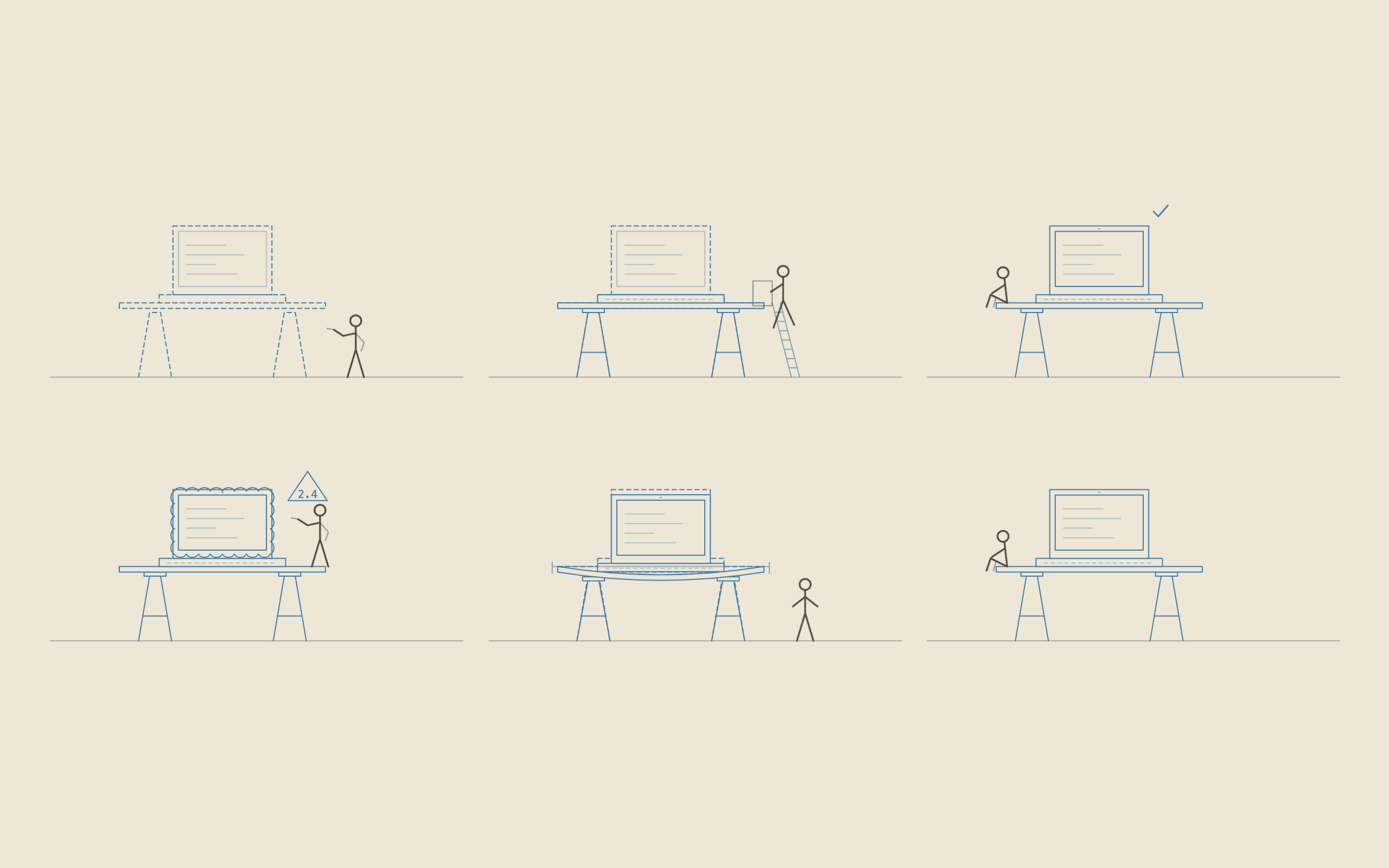 Six line drawings of the same laptop on a trestle desk, in blueprint blue on cream paper, each on its own ground line with a small stick-figure worker. Top row: the laptop set out in dashed lines, then built halfway with a worker on a ladder, then finished with a tick above it. Bottom row: a scalloped revision cloud round the screen with a triangle marked 2.4, then the desk sagging in the middle under a taut string, then the laptop finished and at rest.