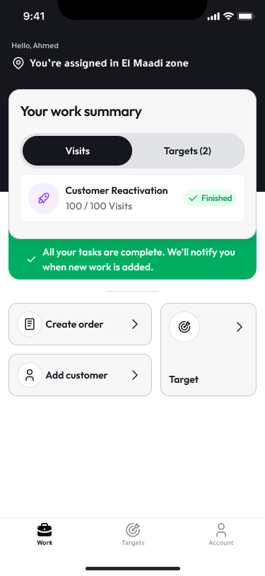The Visits home state showing all customer-reactivation visits finished and confirming that no tasks remain.