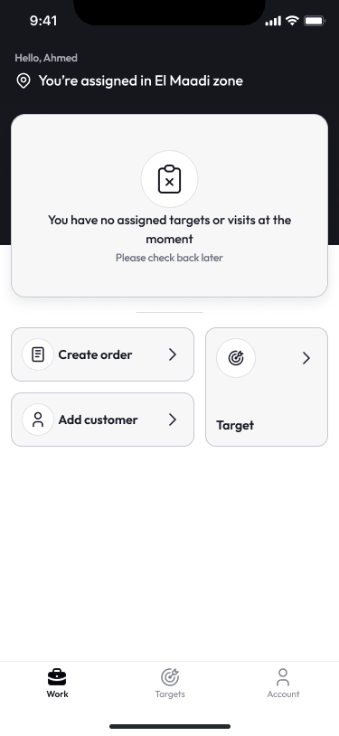 The operational-app home screen in an empty state, explaining that no targets or visits are currently assigned while action shortcuts remain available.