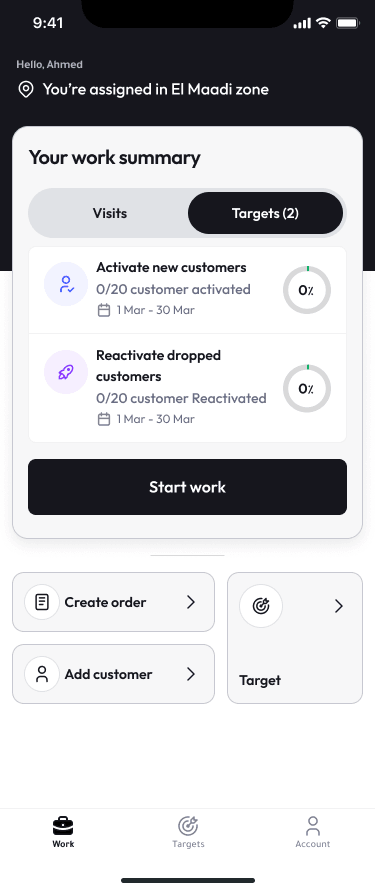The same operational-app home screen with Targets selected, showing customer-activation and reactivation goals with progress indicators.