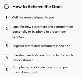 A five-step guide explains the field actions required to activate customers and advance a goal.