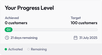 A target-progress component compares achieved customers with the target and shows the remaining time and due date.