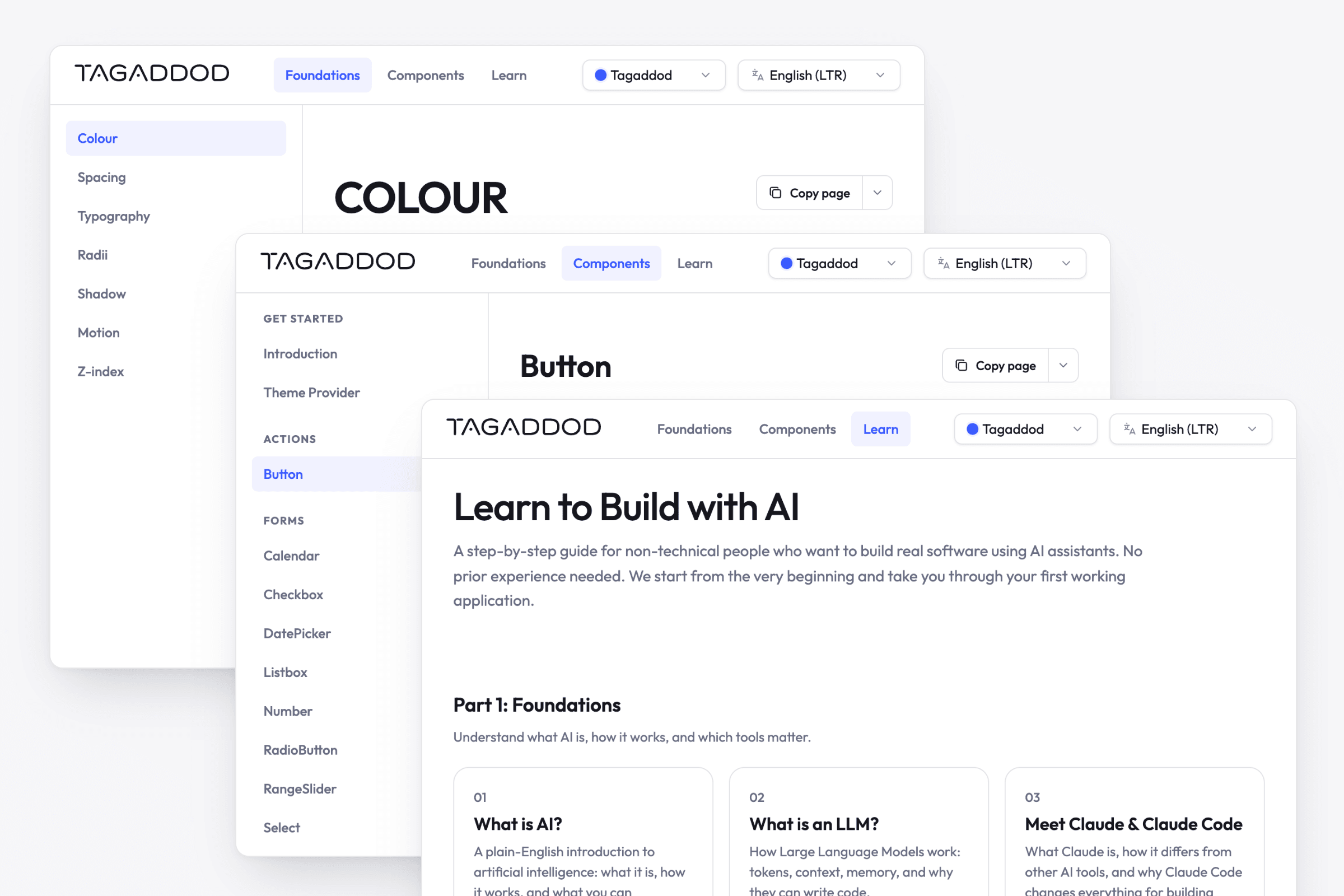 Three pages of the documentation site, stacked. Foundations shows a colour page with a sidebar of spacing, typography, radii, shadow, motion and z-index. Components shows the Button page with a grouped component index. Learn shows a guide called Learn to Build with AI, opening with chapters on what AI is, what a language model is, and Claude Code.