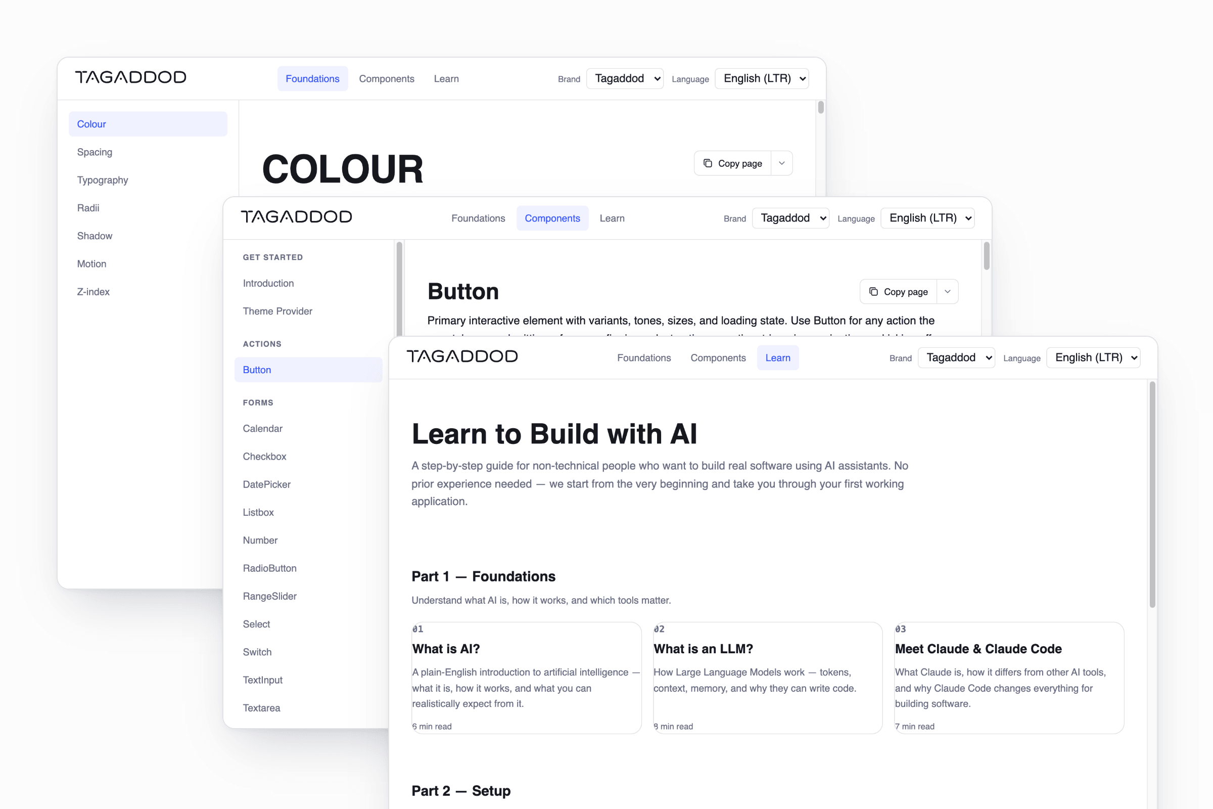 Three pages of the documentation site, stacked. Foundations shows a colour page with a sidebar of spacing, typography, radii, shadow, motion and z-index. Components shows the Button page with a grouped component index. Learn shows a guide called Learn to Build with AI, opening with chapters on what AI is, what a language model is, and Claude Code.