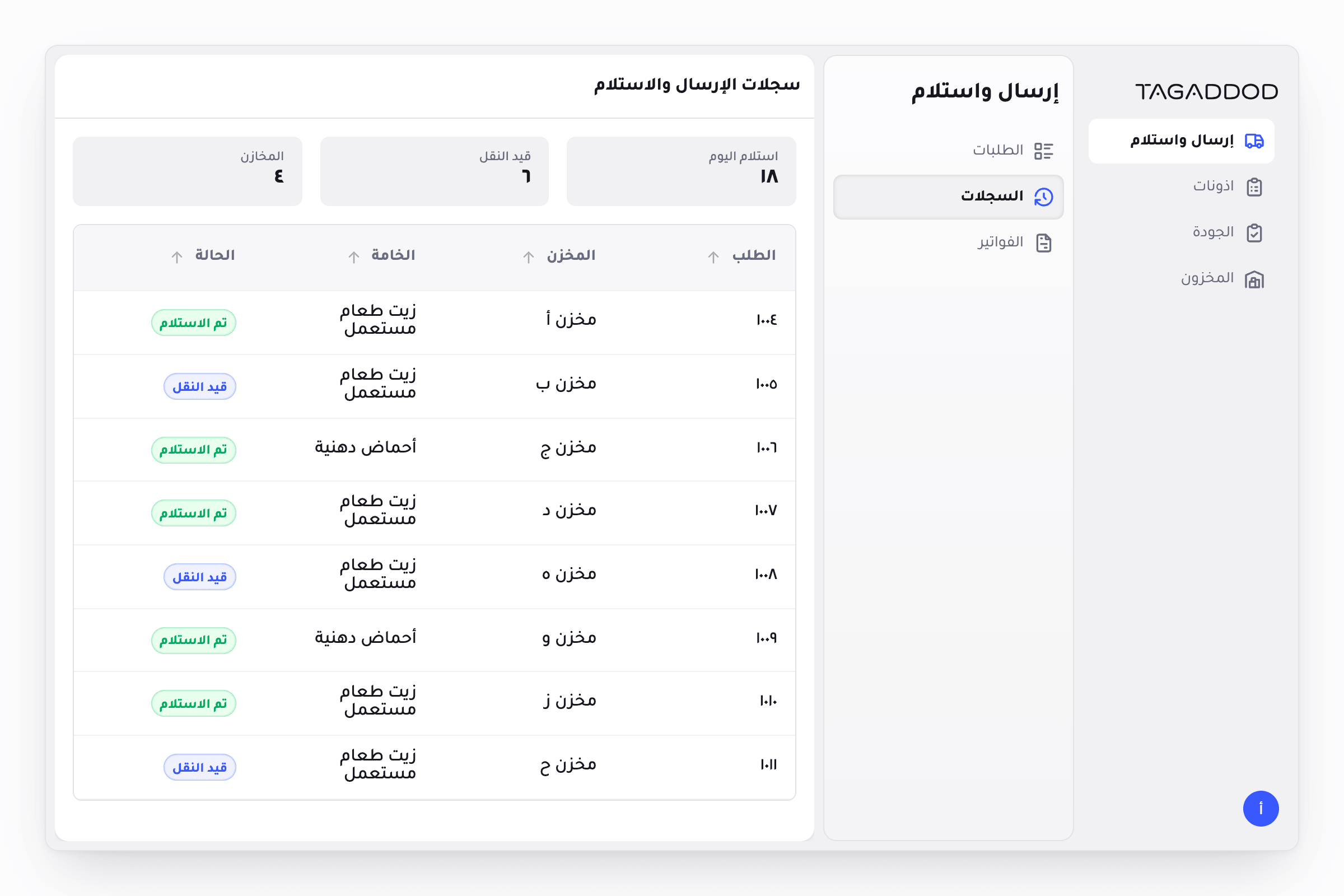 The same warehouse send and receive log in Arabic, reading right to left. The icon rail and its sub-page panel sit on the right edge, the table columns run right to left, and every label, number and status badge is in Arabic.