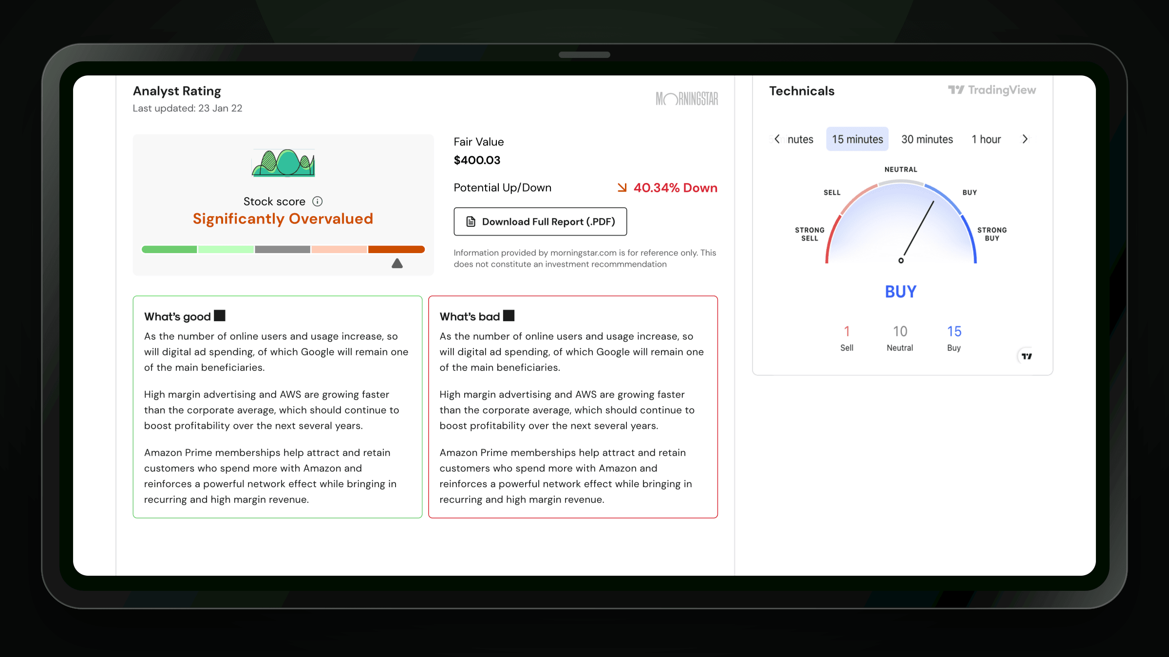 A close research view inside a black tablet frame, pairing the Morningstar analyst rating and fair value with a TradingView technical signal.