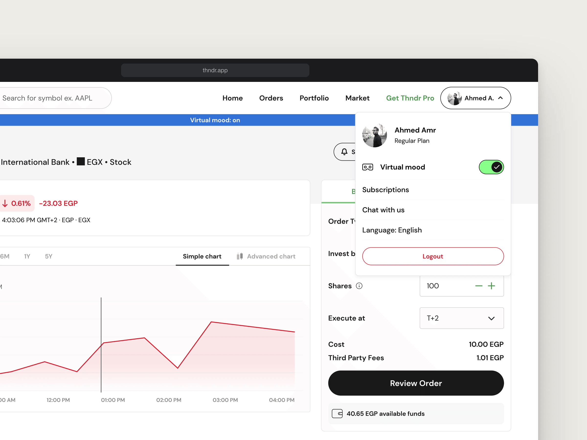 The securities page pulled up large so the window leaves the frame on the left and bottom. The account menu is open under Ahmed A. with the virtual mode switch turned on, and a blue banner across the page under the navigation confirms it. The order ticket carries on behind the menu.