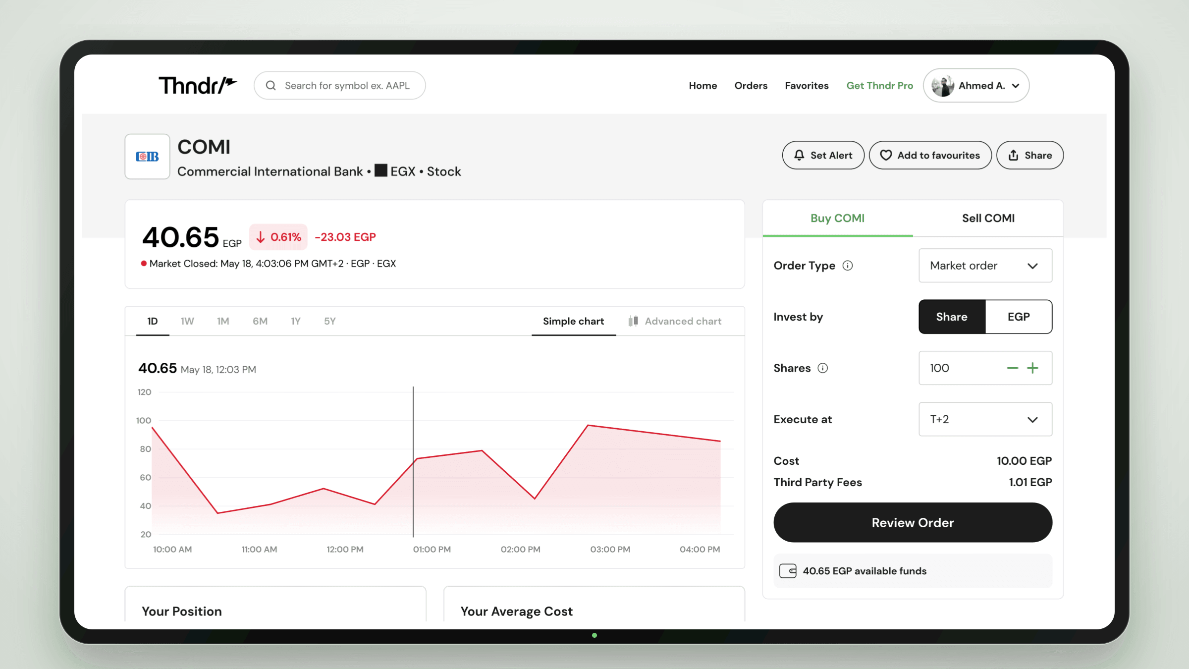 The Thndr COMI securities page shown edge to edge inside a thin black desktop display, with the stock price and chart beside the buy or sell order ticket.
