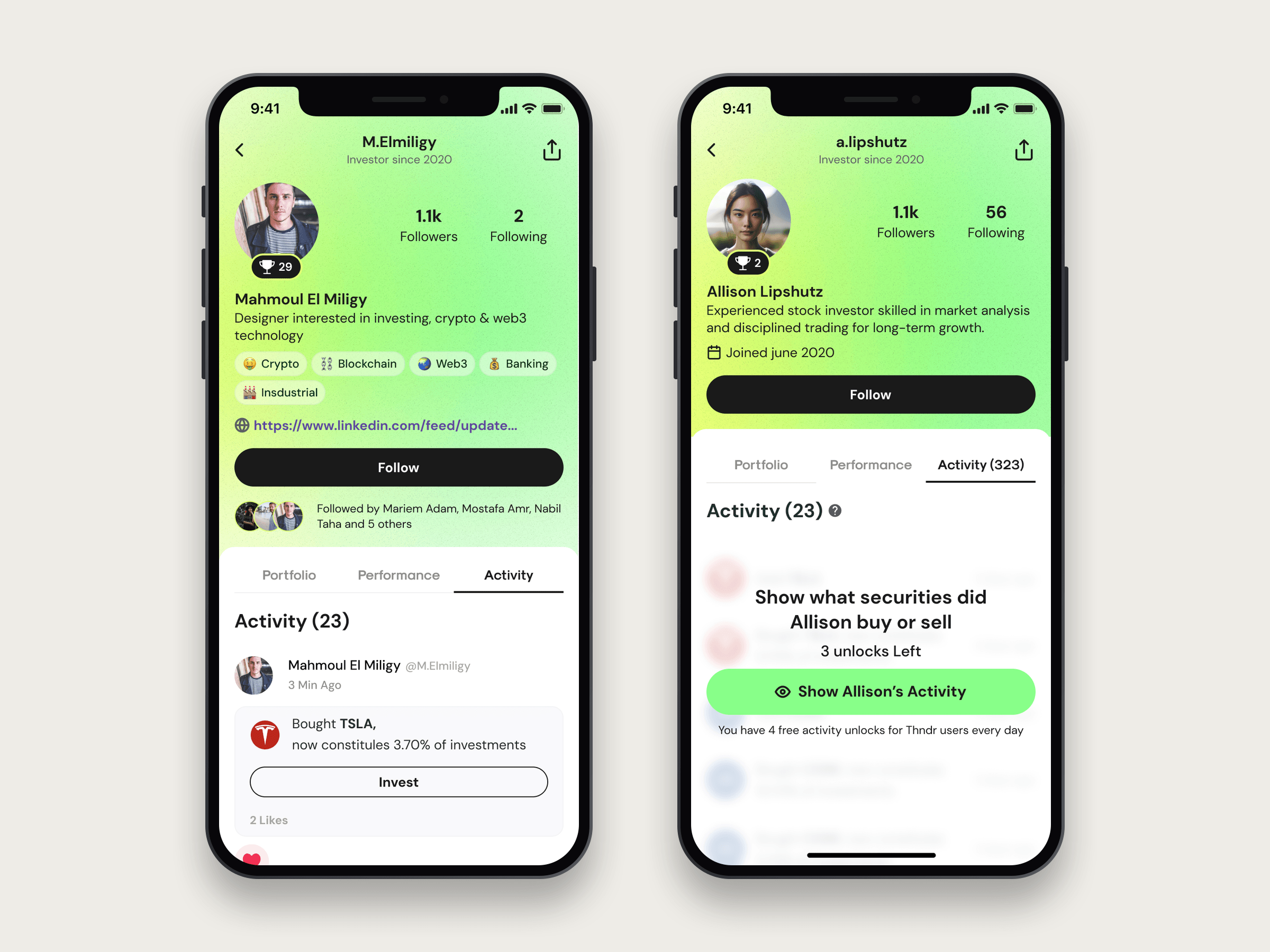 The Activity tab on two phones standing side by side, open on the left and locked on the right. Open, it is a feed of the investor's trades, starting with TSLA bought and now 3.70% of their investments. Locked, the entries blur behind an offer to show what securities Allison bought or sold, with three unlocks left and a note that every Thndr user gets four free activity unlocks a day.