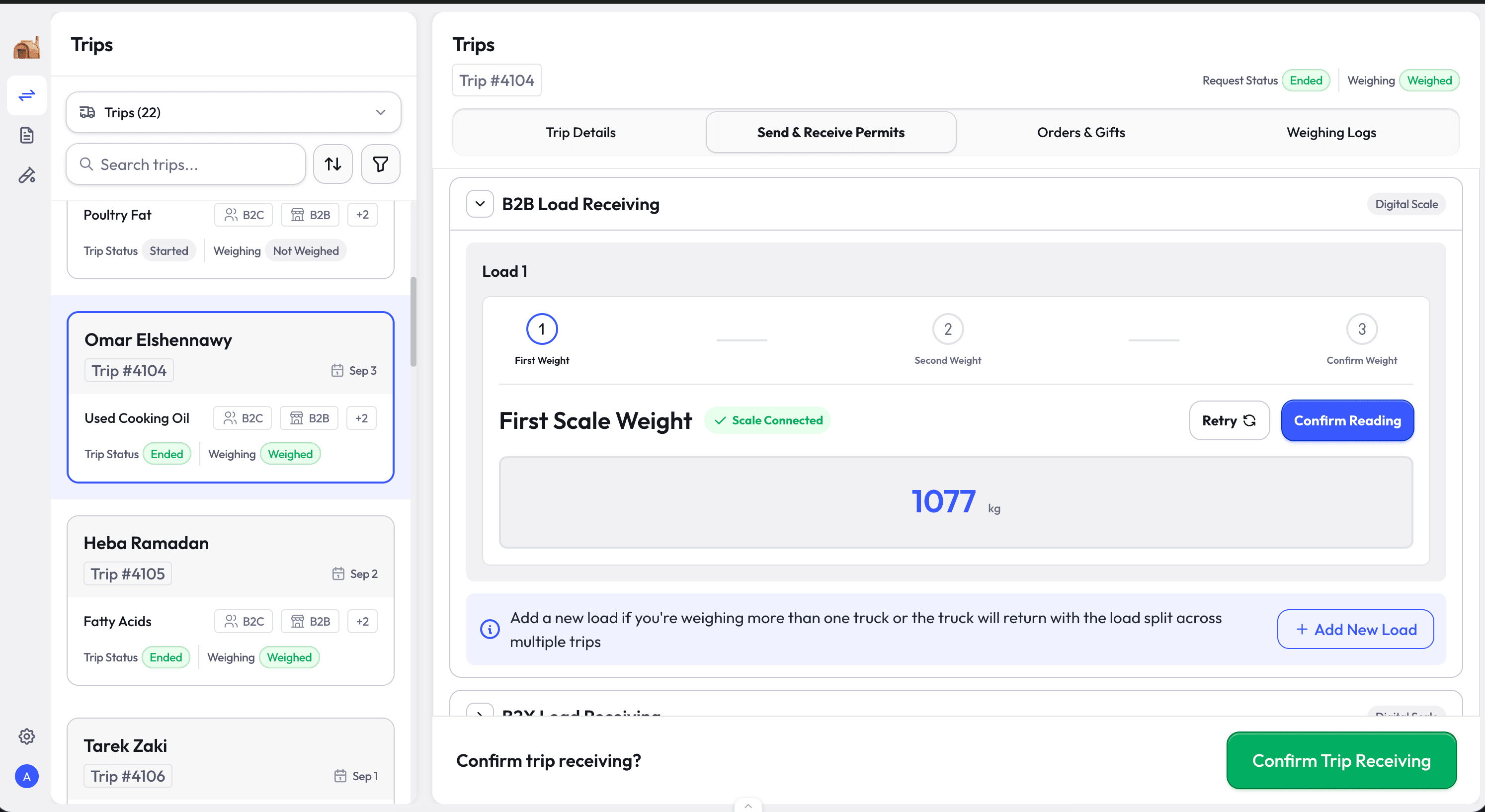 The send and receive permits tab of an ended trip: a B2B load receiving panel with a three-step stepper on first weight, a scale connected badge, a large live reading in kilograms, retry and confirm reading buttons, an add new load prompt, and a confirm trip receiving button.