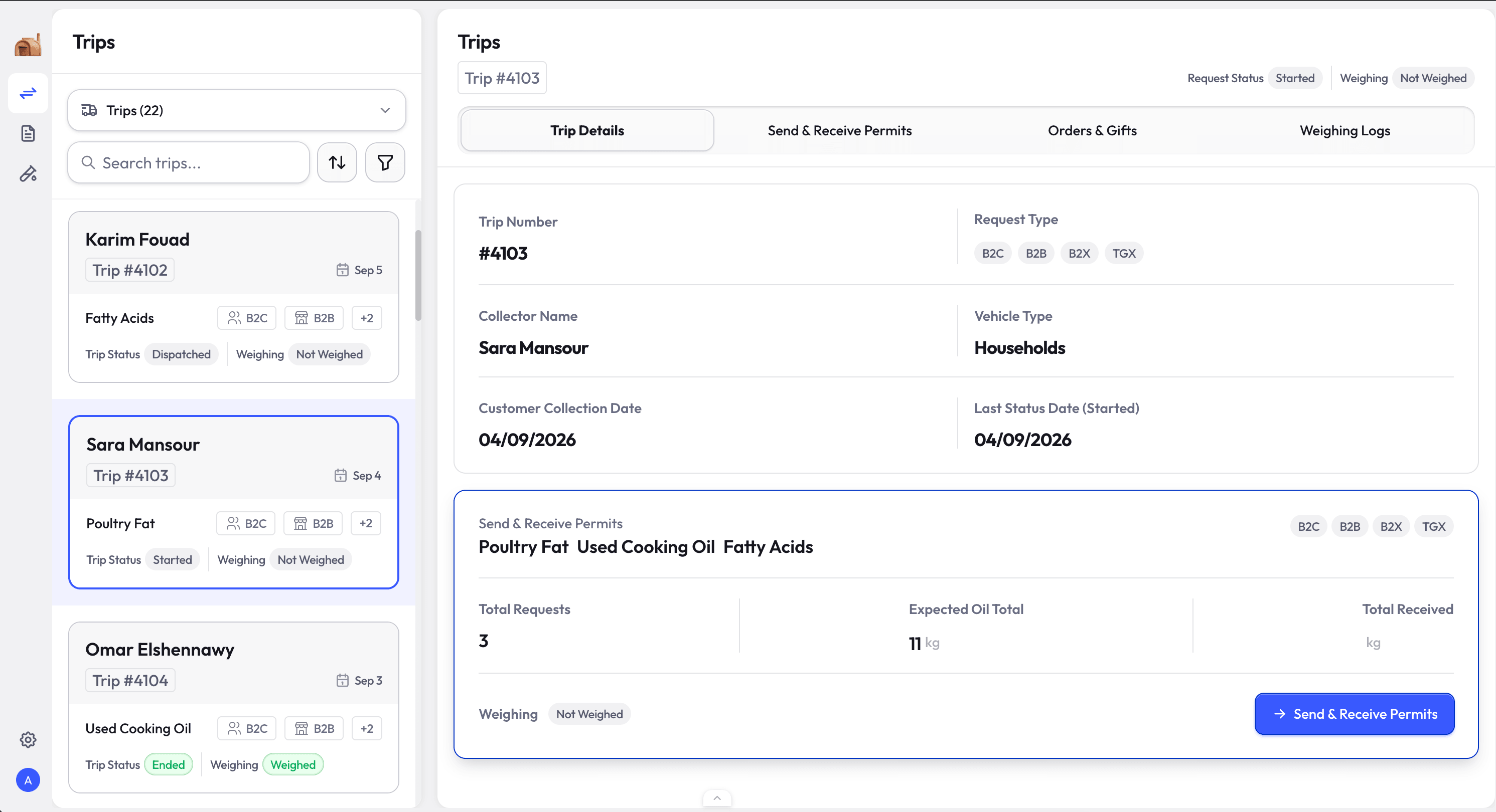 The trips workspace in the English locale: collector trip cards with channel chips and trip and weighing status on the left, and the selected trip's details on the right with tabs for trip details, send and receive permits, orders and gifts, and weighing logs.