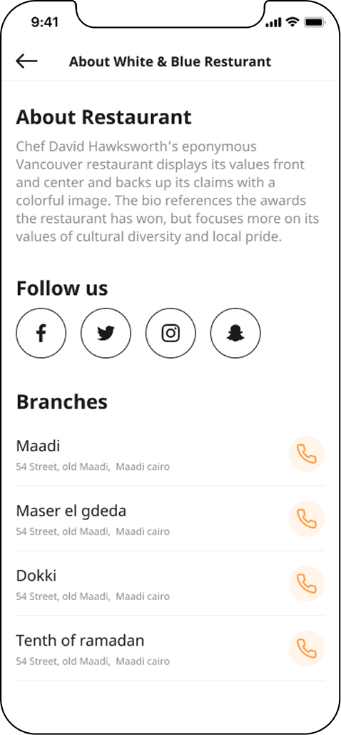 An about page for the restaurant, with its description, social media links, and a list of branches each with a call button.