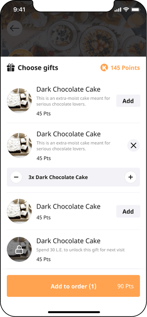 A choose gifts sheet listing rewards at 45 points each with Add buttons, one of them already added three times, and a locked gift that unlocks after spending 30 pounds.