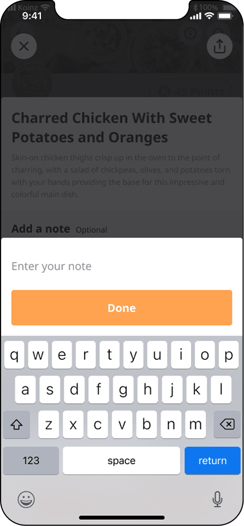 A note sheet over the item, with a field reading Enter your note, a Done button, and the keyboard raised.