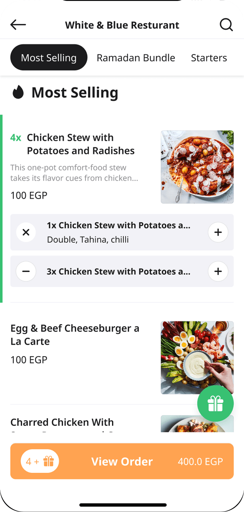 The redesigned menu scrolled to Most Selling, with category chips pinned above, a dish showing four in the basket with its chosen options, and a View Order bar carrying the running total.