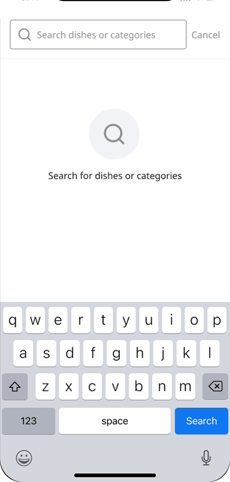 Menu search opened inside the restaurant, prompting the customer to search dishes or categories, with the keyboard raised.