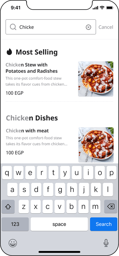 Menu search part-way through the query Chicke, with results grouped under Most Selling and Chicken Dishes and the matched characters highlighted in each name.