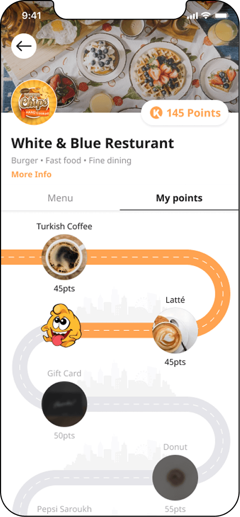 The My points tab of the redesigned restaurant page, showing the rewards road with Turkish Coffee and Latte unlocked at 45 points each and later gifts still locked.
