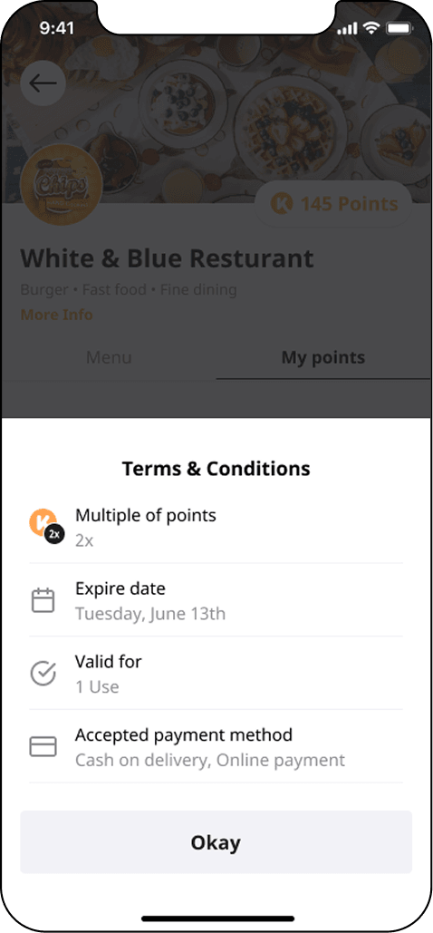A terms and conditions sheet for points, listing a two times points multiplier, expiry date, number of uses, and the accepted payment methods.